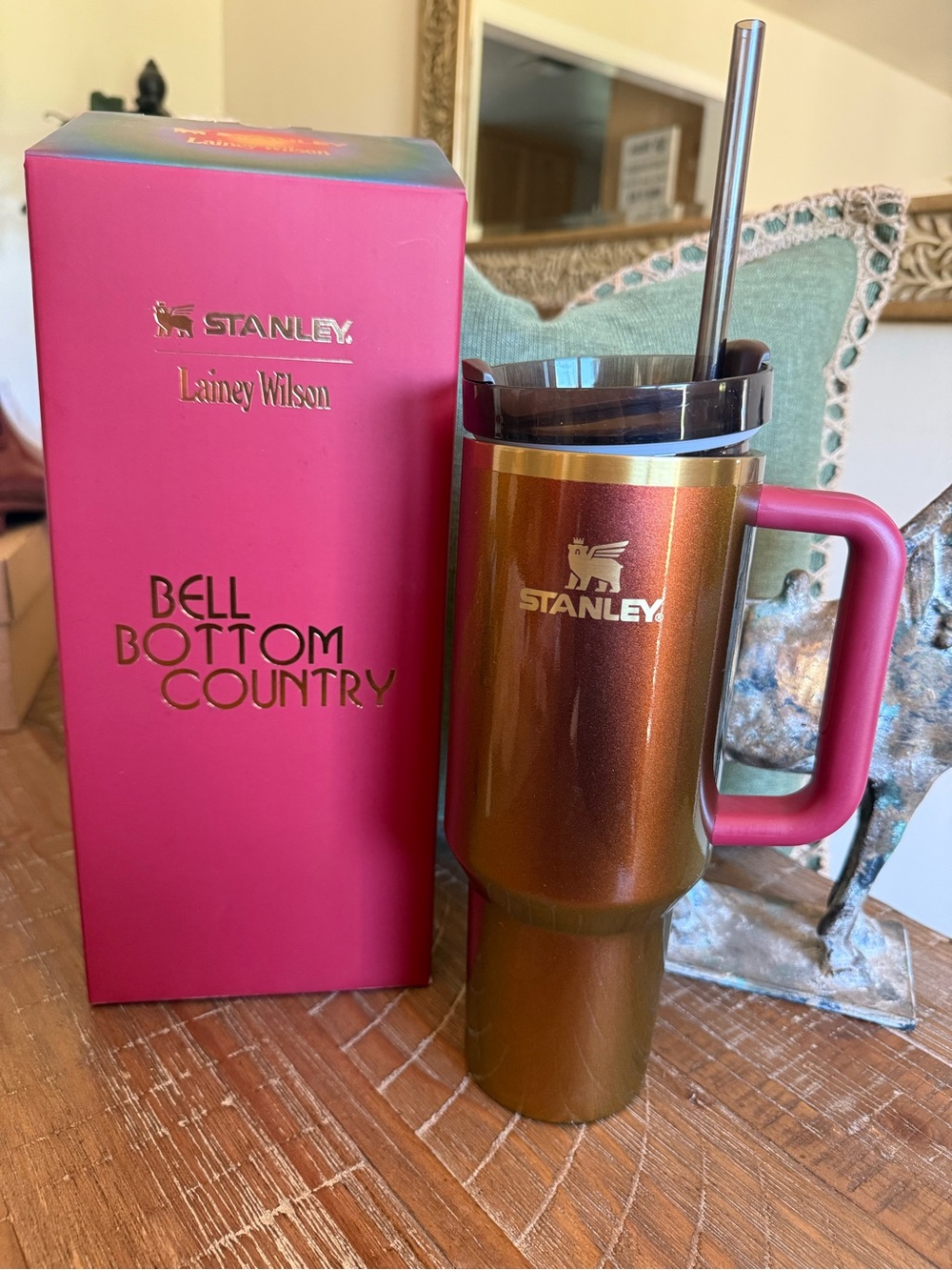 Stanley Metallic Copper Travel Mug with Pink Handle